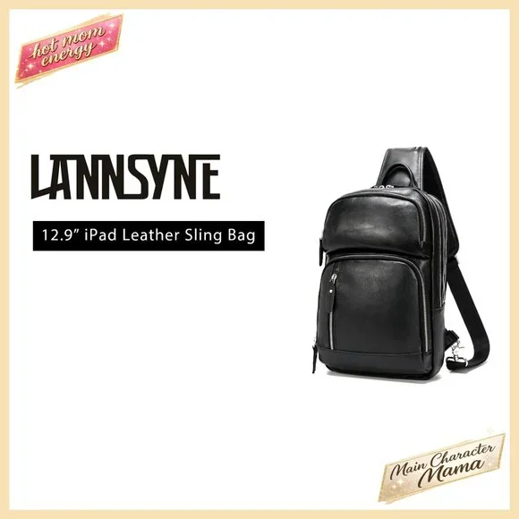 Full Grain Leather Sling Bag Fits 12.9 iPad Crossbody Daypack
